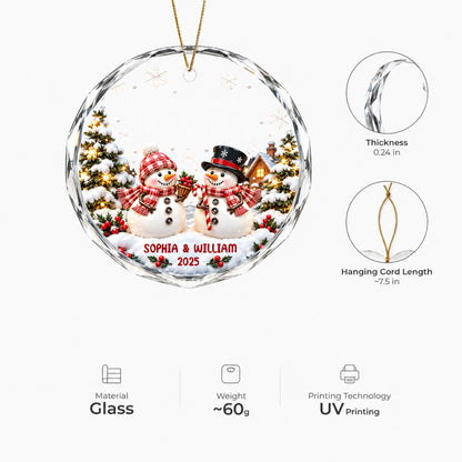 Snowman Couple - Personalized First Christmas Married Round Glass Ornament, Anniversary Wedding Gift For Couple.