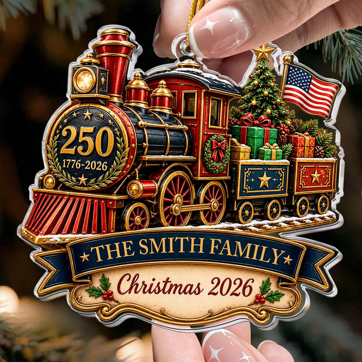 America 250th Anniversary Personalized Train Acrylic Ornament