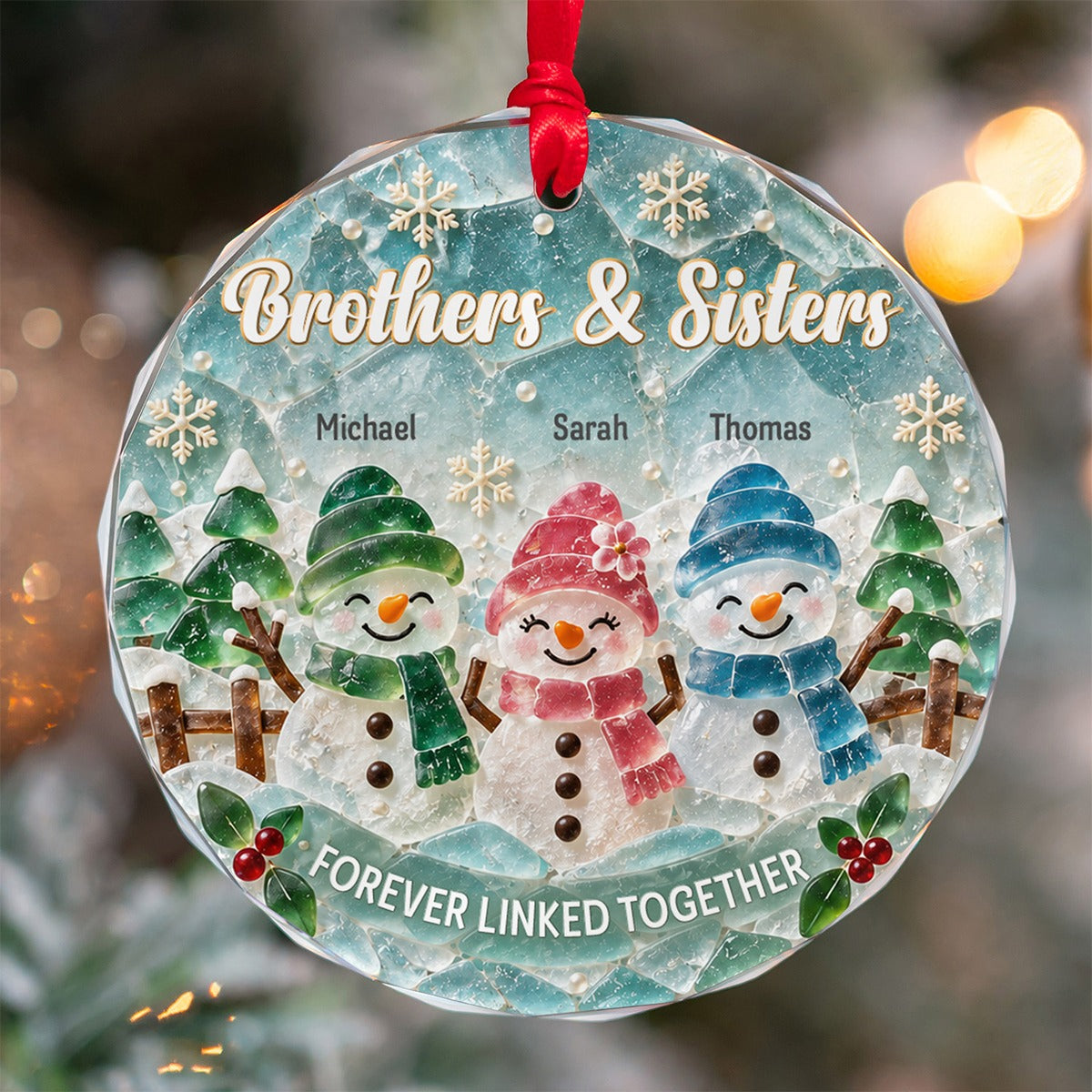 Siblings Snowman - Personalized Glass Ornament