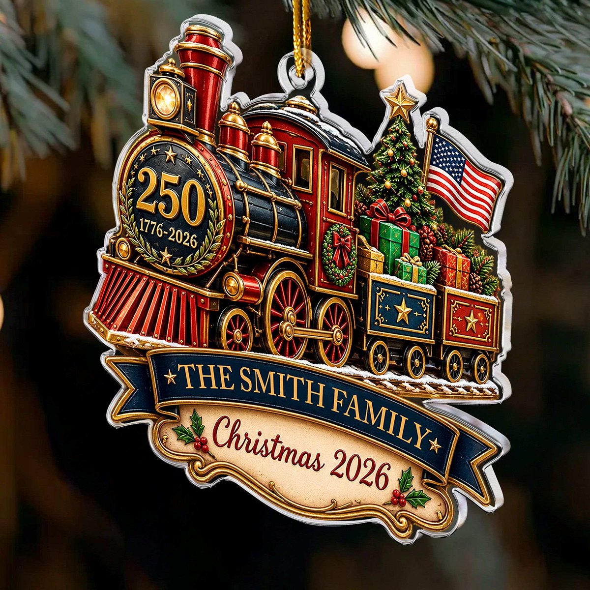 America 250th Anniversary Personalized Train Acrylic Ornament