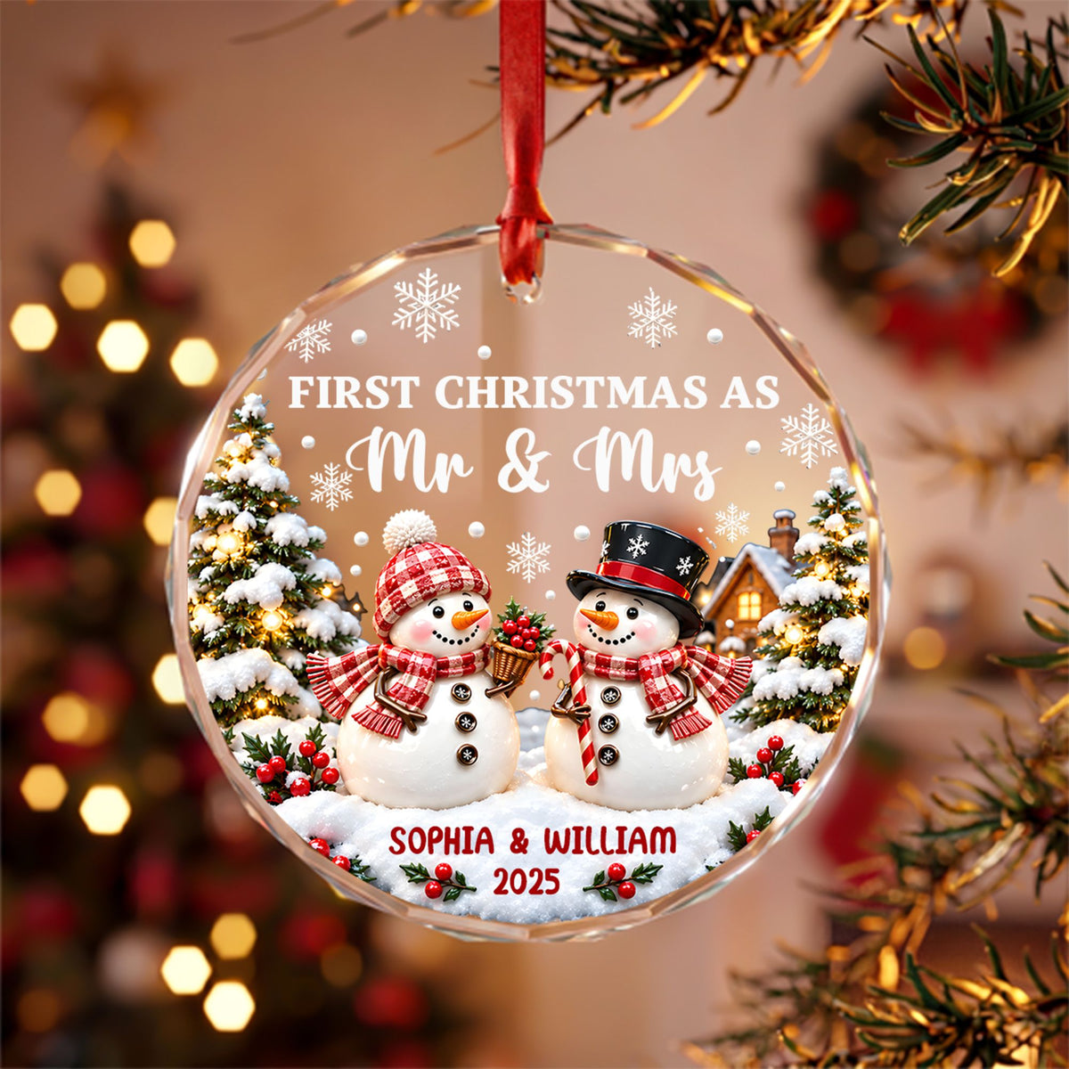 Snowman Couple - Personalized First Christmas Married Round Glass Ornament, Anniversary Wedding Gift For Couple.