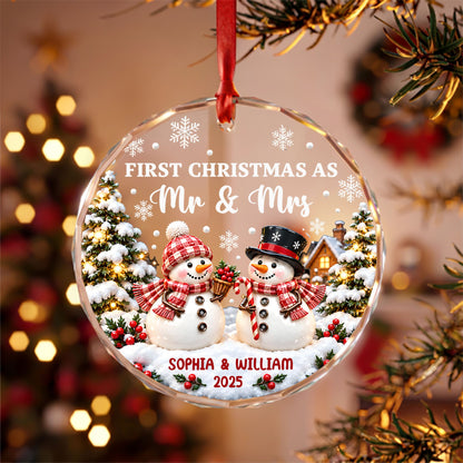 Snowman Couple - Personalized First Christmas Married Round Glass Ornament, Anniversary Wedding Gift For Couple.