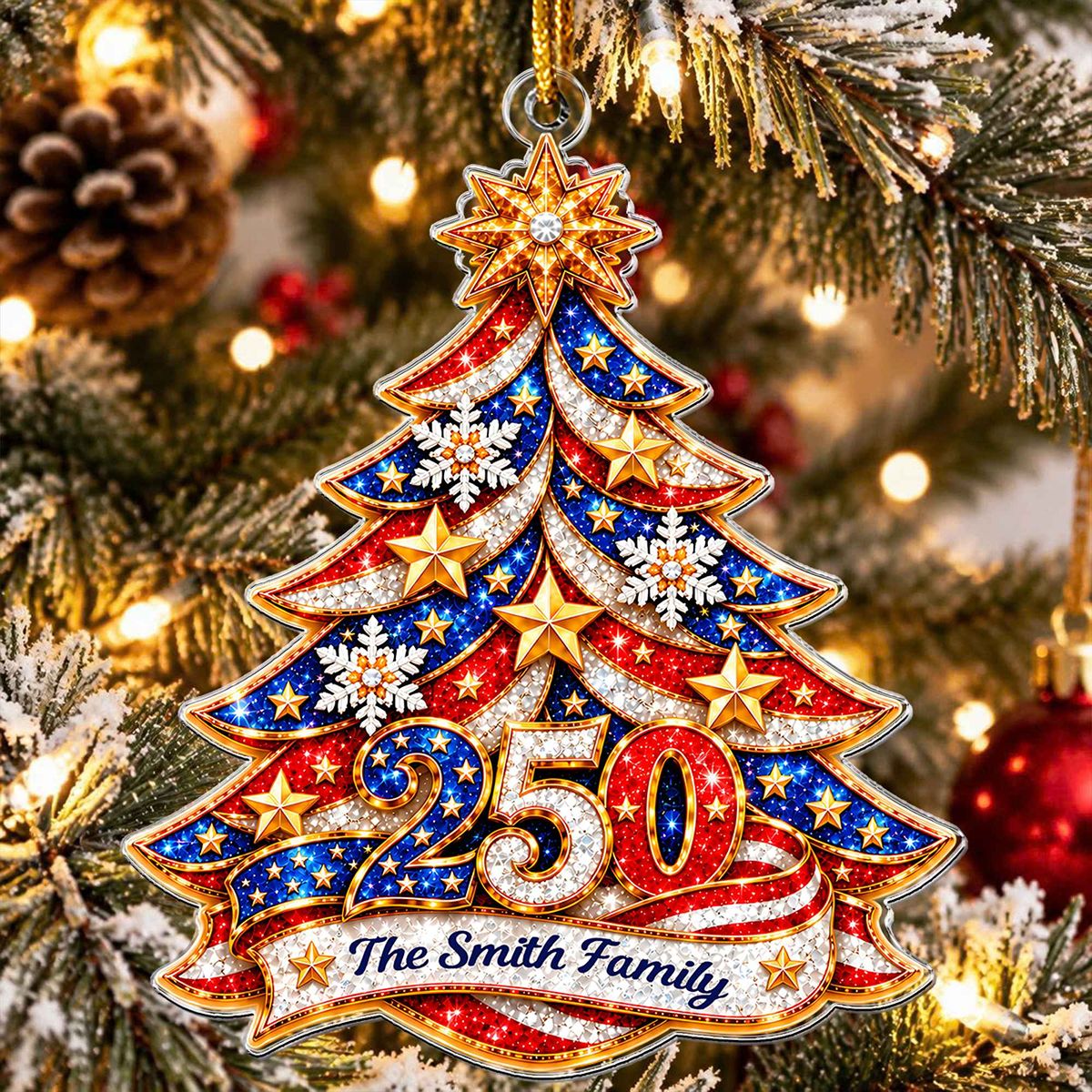 America 250th Anniversary Gilter Xmas Tree Acrylic Ornament
