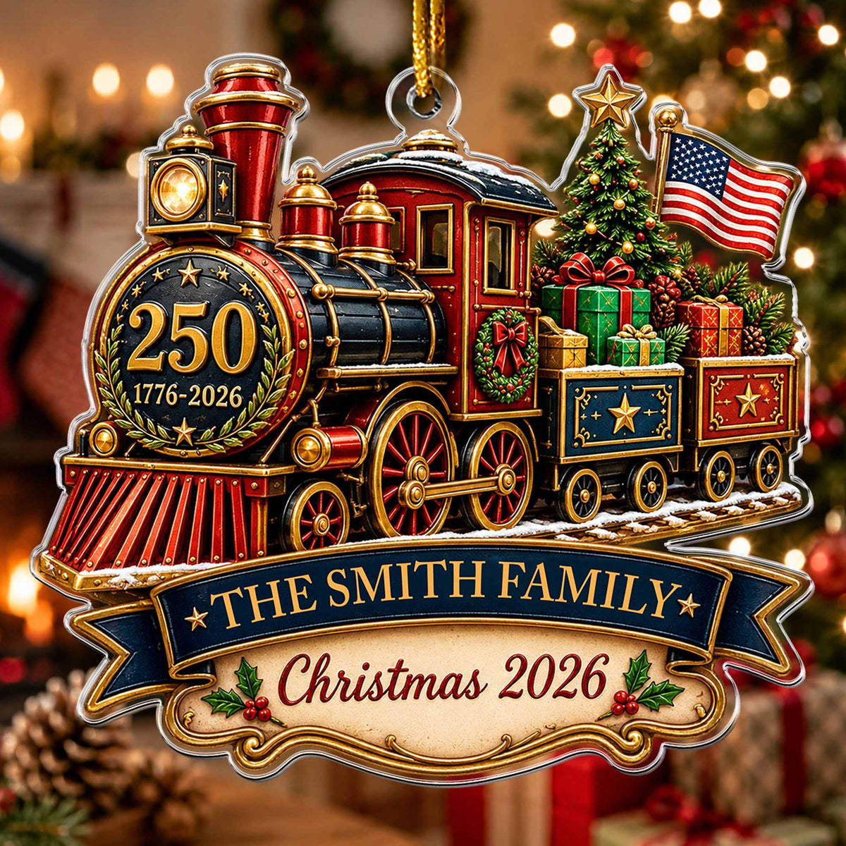 America 250th Anniversary Personalized Train Acrylic Ornament