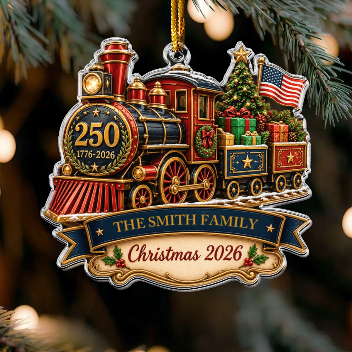 America 250th Anniversary Personalized Train Acrylic Ornament