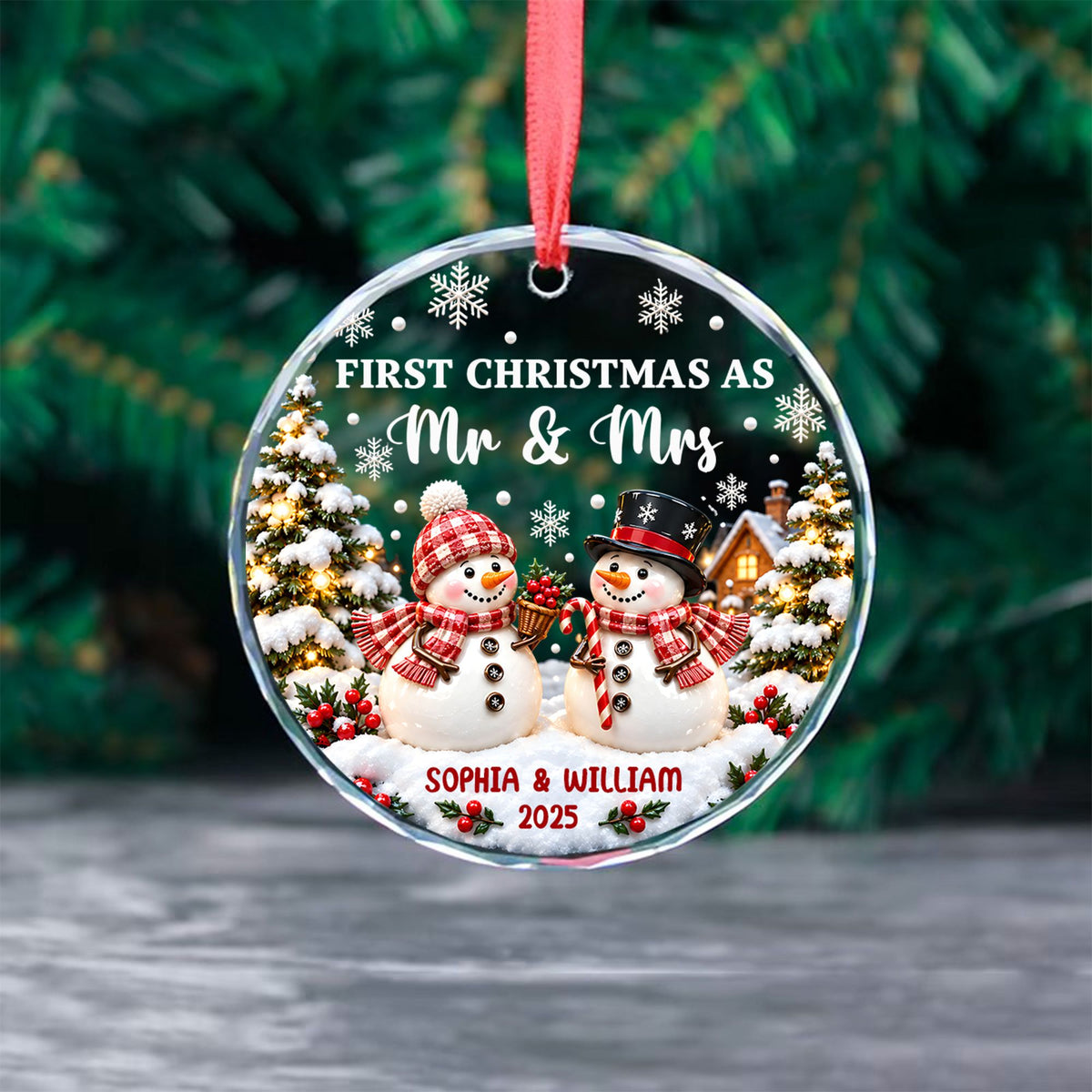 Snowman Couple - Personalized First Christmas Married Round Glass Ornament, Anniversary Wedding Gift For Couple.