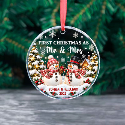 Snowman Couple - Personalized First Christmas Married Round Glass Ornament, Anniversary Wedding Gift For Couple.