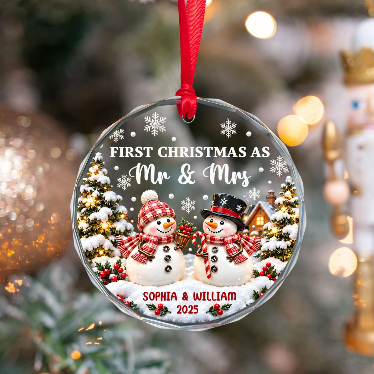 Snowman Couple - Personalized First Christmas Married Round Glass Ornament, Anniversary Wedding Gift For Couple.