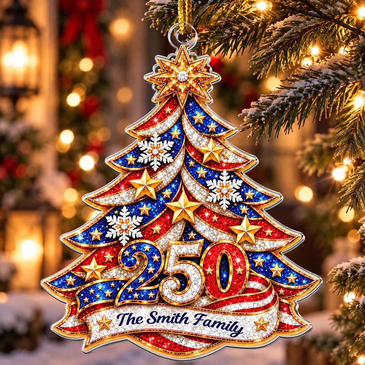 America 250th Anniversary Gilter Xmas Tree Acrylic Ornament