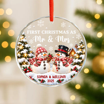 Snowman Couple - Personalized First Christmas Married Round Glass Ornament, Anniversary Wedding Gift For Couple.
