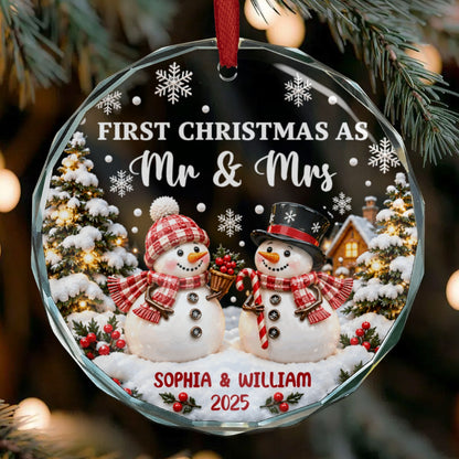 Snowman Couple - Personalized First Christmas Married Round Glass Ornament, Anniversary Wedding Gift For Couple.